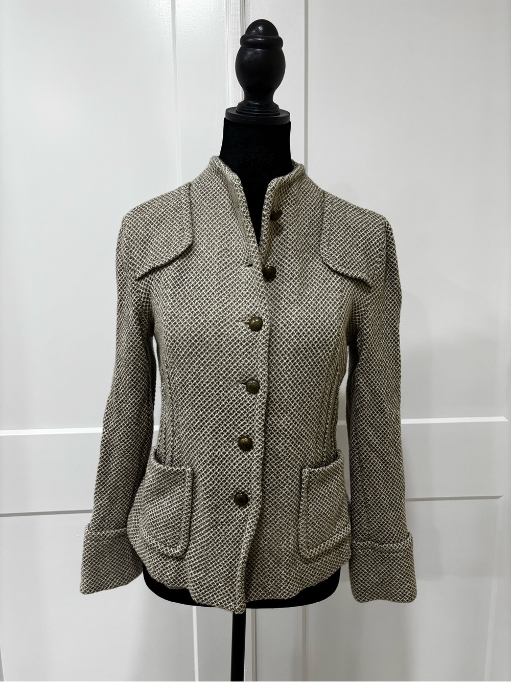 St. John Taupe Textured Knit Button Jacket